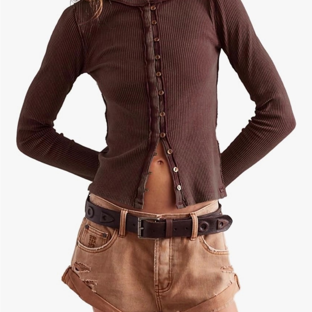 Brown Ribbed Long Sleeve Top